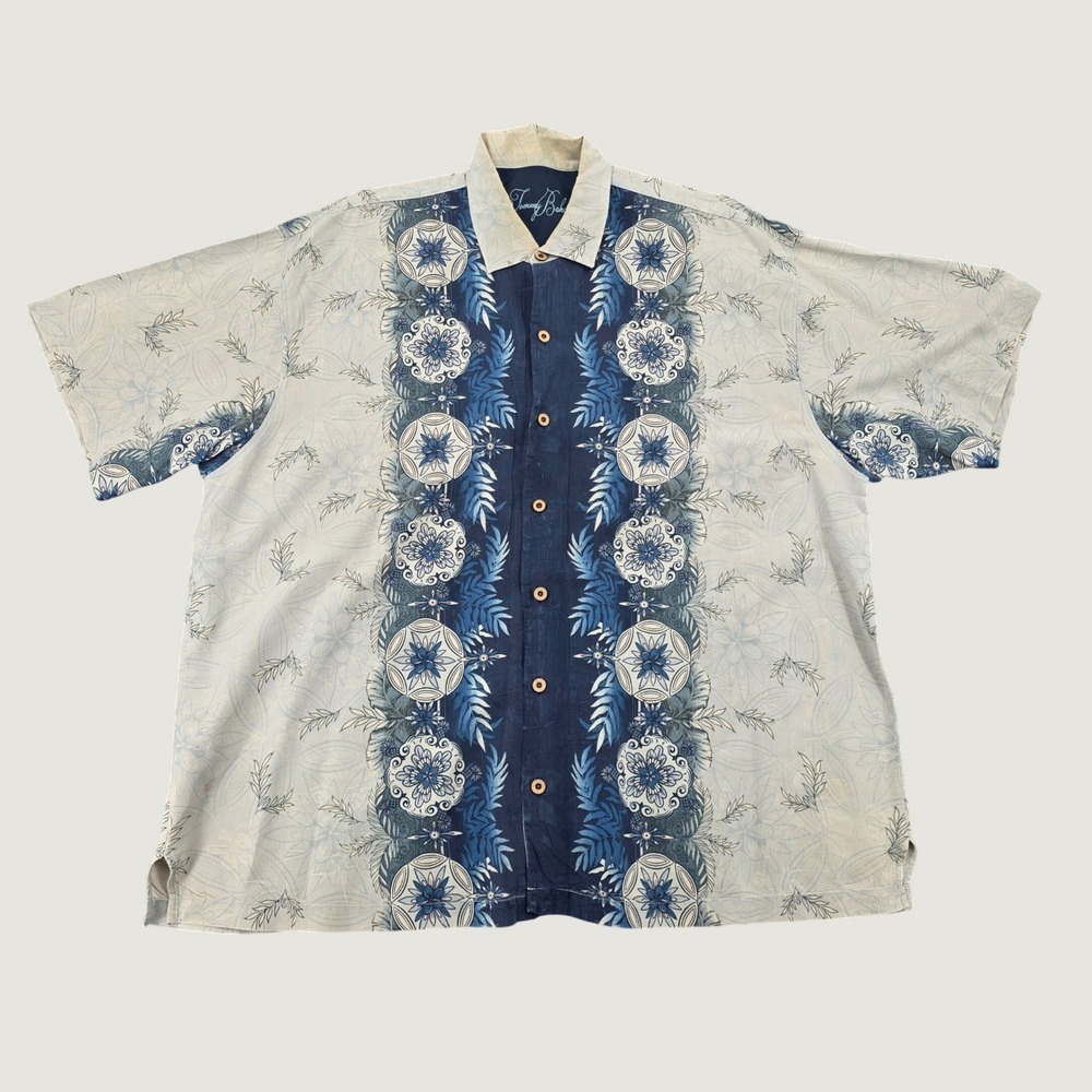 Tommy Bahama Mens XXL Silk Floral Jacquard Short Sleeve Button Down Shirt Blue